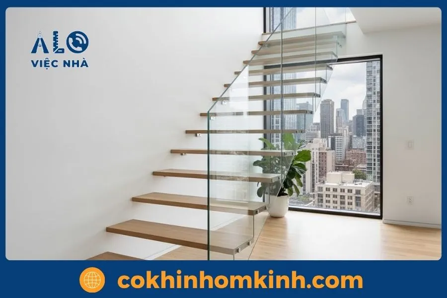 Mẫu cầu thang kính không tay vịn (không trụ + không tay vịn)