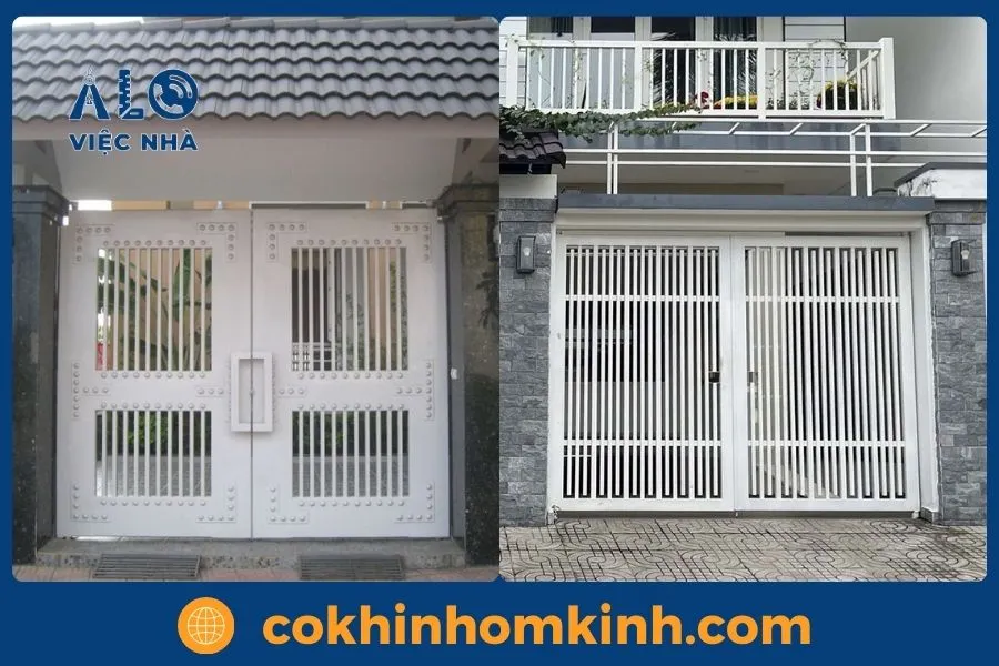 Cửa sắt 2 cánh hiện đại màu trắng, phong cách tối giản.