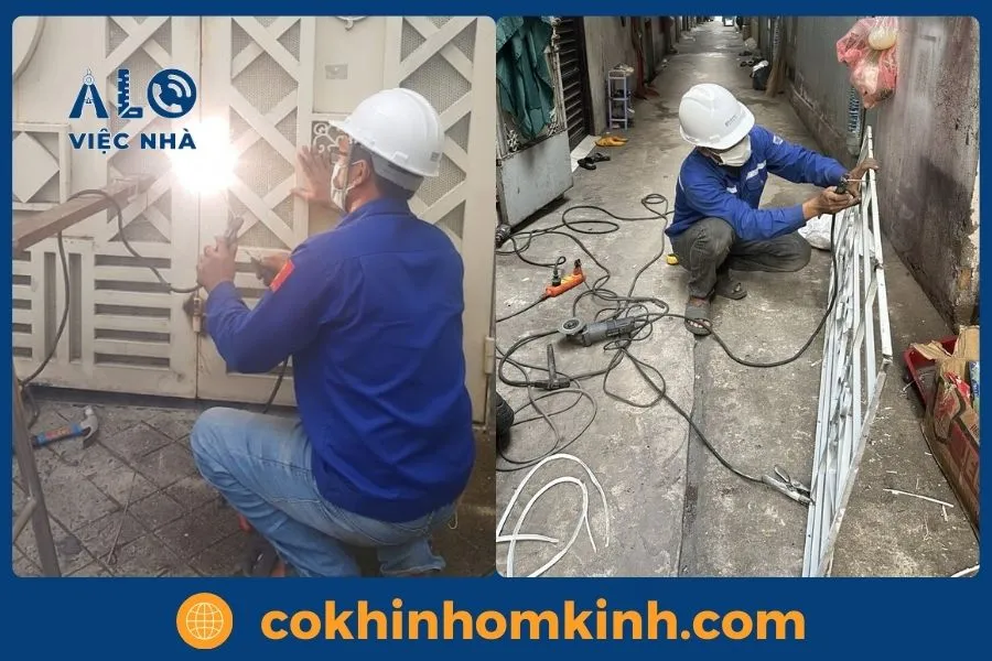 Dịch vụ Sửa Cửa Sắt tại tphcm GIÁ TỐT năm 2026 3 Thợ đang sửa chữa bản lề cửa sắt