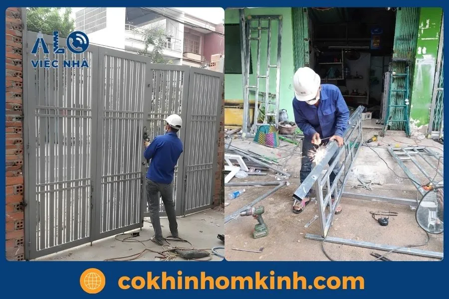 Cảnh lắp đặt cửa sắt và hàn khung kim loại của thợ cơ khí Alo Việc Nhà